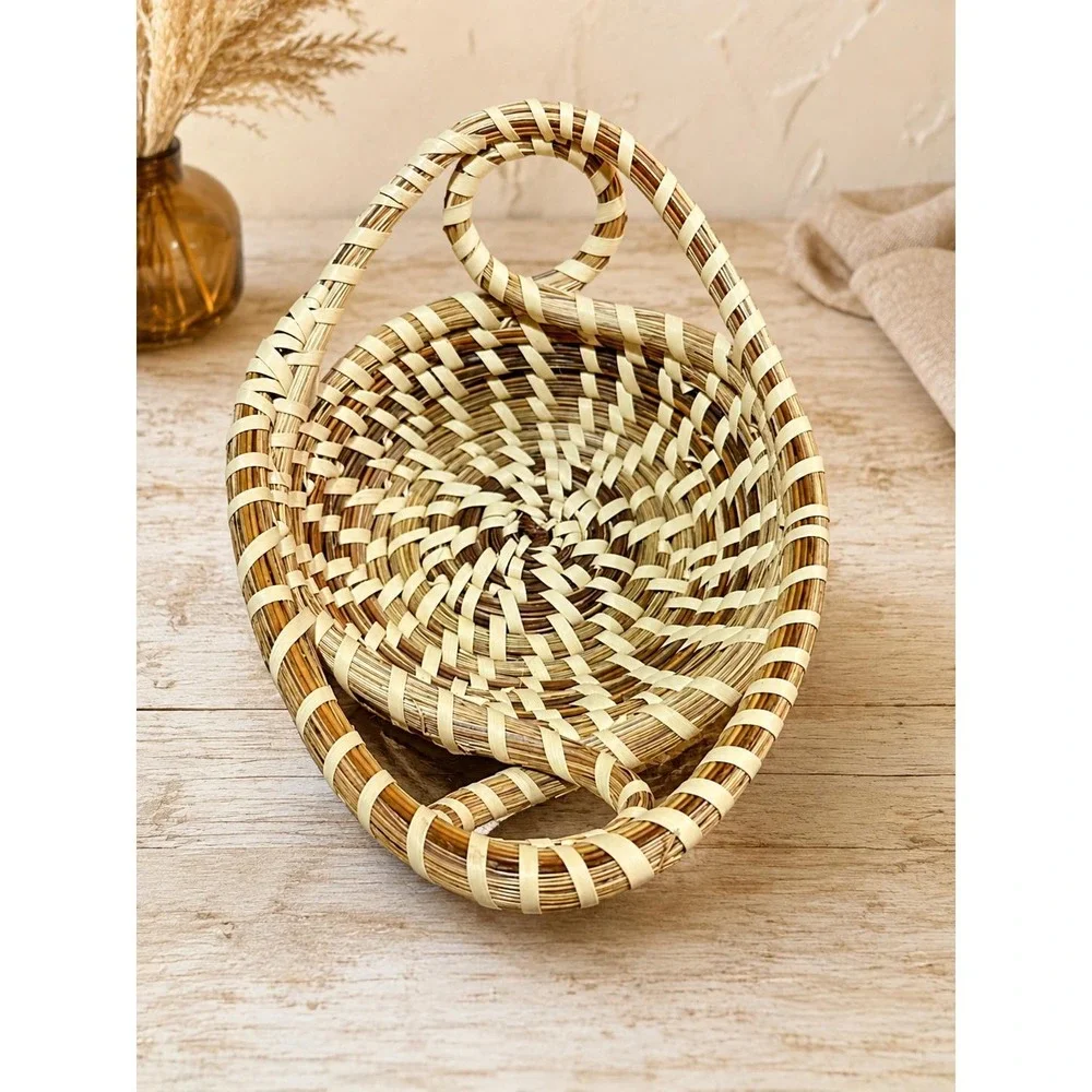 Vintage Gullah Sweetgrass Basket Coiled Lowcountry Folk Art Handwoven Handles